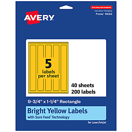 Avery® Print-To-The-Edge Labels With Sure Feed® Technology, 94262-BYP40, Rectangle, 9-3/4" x 1-1/4", Matte Bright Yellow, Pack of 200