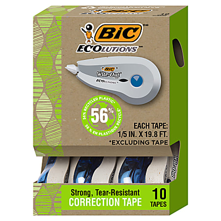 BIC Ecolutions Wite-Out Brand Correction Tape, 19.6 Feet, 10-Count Pack, Correction Tape Made from 56% Recycled Plastic Excluding Tape