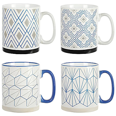 Mr. Coffee Parkmill Stoneware Wax Relief Design Mug Set, 17 Oz, Assorted Colors, Set Of 4 Mugs