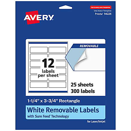 Avery® Removable Labels With Sure Feed®, 94228-RMP25, Rectangle, 1-1/4" x 3-3/4", White, Pack Of 300 Labels