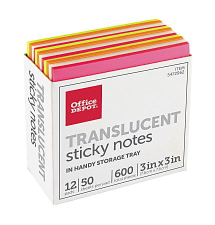 Office Depot® Brand Translucent Sticky Notes, With Storage Tray, 3" x 3", Assorted Colors, 50 Notes Per Pad, Pack Of 12 Pads