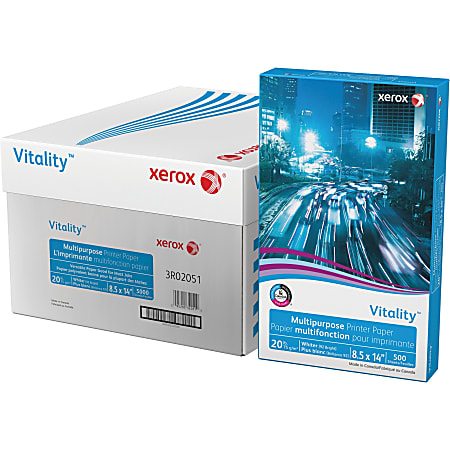 Xerox® Vitality™ Printer & Copy Printer Paper, White, Legal (8.5" x 14"), 5000 Sheets Per Case, 20 Lb, 92 Brightness, Case Of 10 Reams