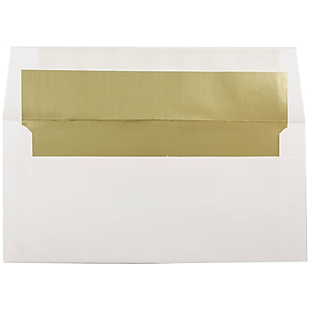 JAM Paper® Foil-Lined Envelopes, 3 7/8" x 8 1/8", Gummed Seal, White/Gold Lining, Pack Of 25