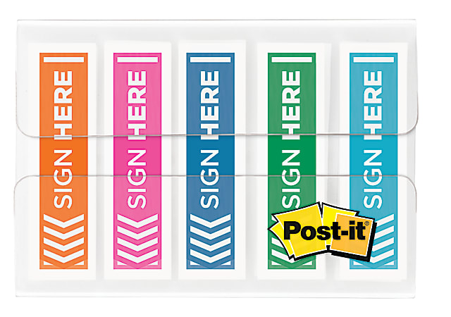 Post-it® Notes Sign Here Printed Flags, 1" x 1-3/4", Assorted Colors, Pack Of 100 Flags