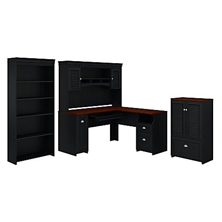 Bush Furniture Fairview 60"W L-Shaped Desk With Hutch, Storage Cabinet With Drawer And 5-Shelf Bookcase, Antique Black, Standard Delivery