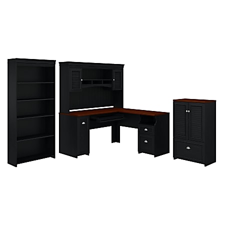 Bush Business Furniture Fairview 60"W L-Shaped Desk With Hutch, Storage Cabinet With Drawer And 5-Shelf Bookcase, Antique Black, Standard Delivery
