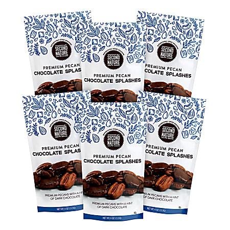 Second Nature Premium Chocolate Splashes, Pecan, 4 Oz, Pack Of 6 Bags