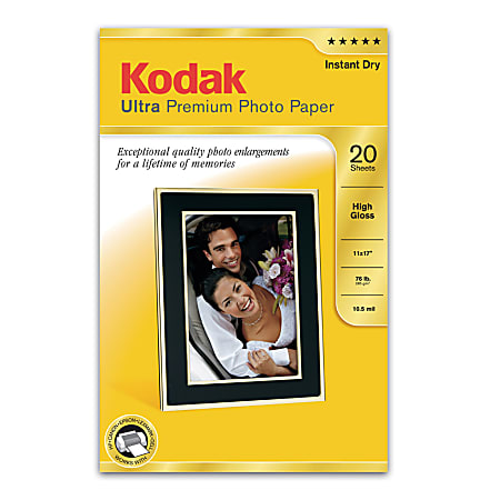 Kodak® Ultra-Premium Photo Paper, High Gloss, Ledger Size (11" x 17)", 10 Mil, Pack Of 20 Sheets