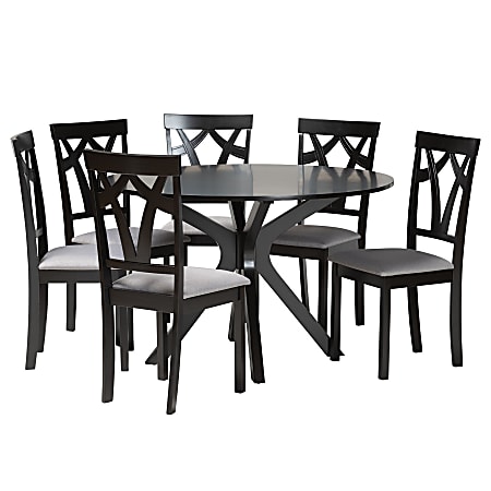 Baxton Studio Luise Fabric And Finished Wood 7-Piece Dining Set, 30”H x 44-15/16”W x 44-15/16”D, Gray/Dark Brown