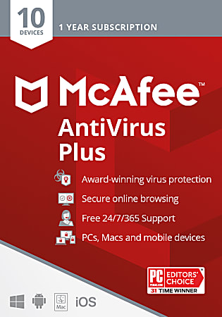 McAfee® AntiVirus Plus, For 10 Devices, Antivirus Security Software, 1-Year Subscription, Product Key