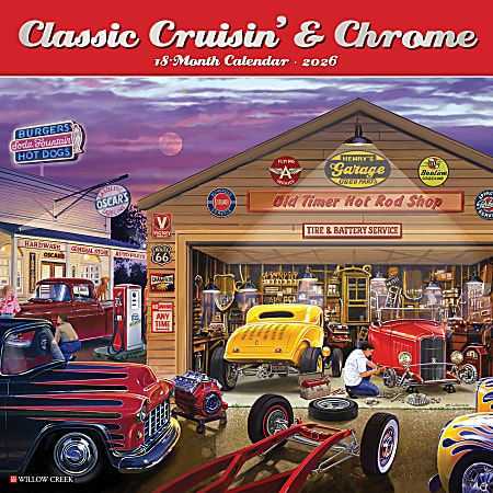 2026 Willow Creek Press Art & Design Monthly Wall Calendar, 12" x 12", Classic Cruisin' & Chrome, January To December, 50743