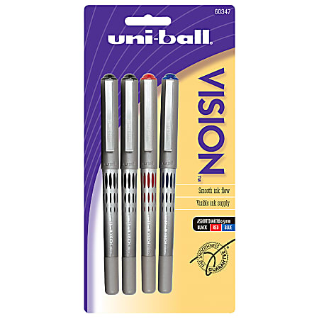 uni-ball® Vision™ Liquid Ink Rollerball Pens, 0.2 mm, Microtip Point, Assorted Barrel, Assorted Ink, Pack Of 4