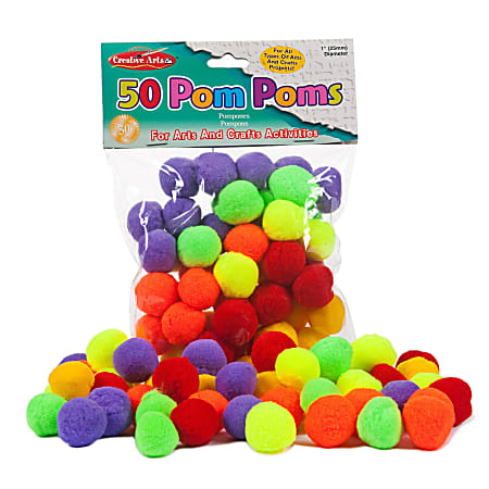 Charles Leonard Pom Poms Assorted Hot Colors 50 Pom Poms Per Pack Set Of 12  Packs - Office Depot