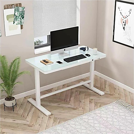 Uncaged Ergonomics Rise Up Glass Electric Standing Desk White Modern Style 155 lb Capacity Height Adjustable 45.30 Table Top Length x 23.70 Table Top Width Office Computer Workstation Smartphone Table...