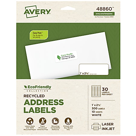 Avery® EcoFriendly Recycled Labels, Rectangle, 1" x 2-5/8", Matte White, Pack Of 300