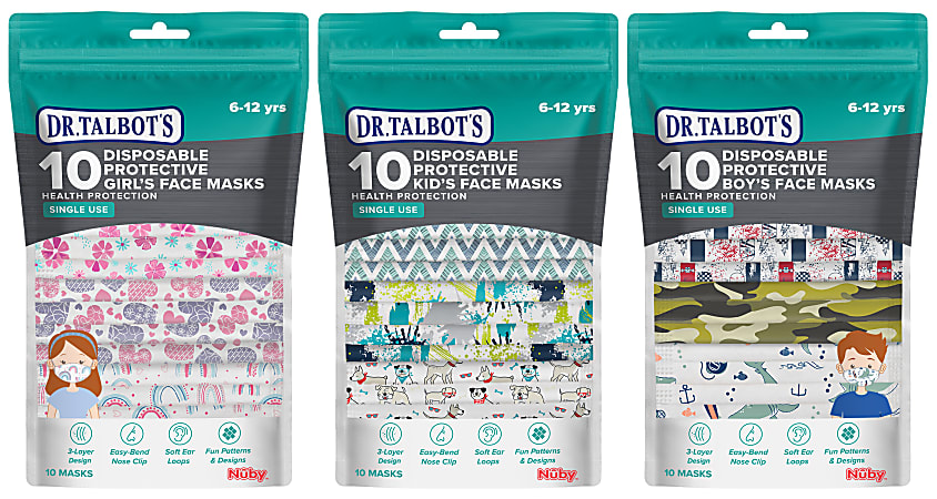 Dr. Talbot's Disposable Kid's Face Masks, Assorted Prints, Pack Of 10, 1 Pack Per Purchase