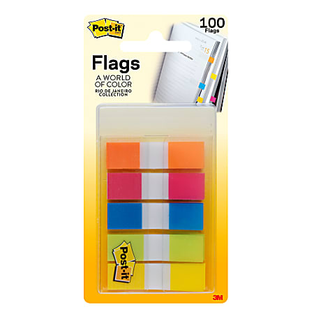 Post-it® Flags, Rio de Janiero, 1/2" x 1 3/4", Assorted Colors, 20 Sheets Per Pad, Pack Of 5 Pads