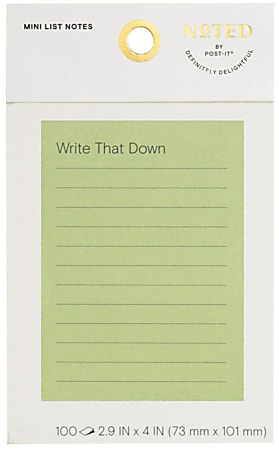Noted by Post-it "Write that down" lined notes, 4 in. x 2.9 in. Khaki green, 1 Pad/Pack, 100 Sheets/Pad