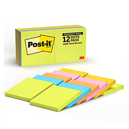 Post-it® Sticky Notes, 3 x 3 in, 12 Sticky Note Pads, 100 Sheets/Pad, School Supplies and Office Products, Assorted Colors