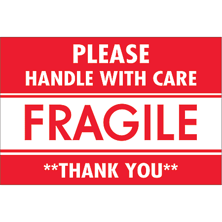 Tape Logic® Preprinted Shipping Labels, DL2157, Fragile — Please Handle With Care — Thank You, Rectangle, 2" x 3", Red/White, Roll Of 500