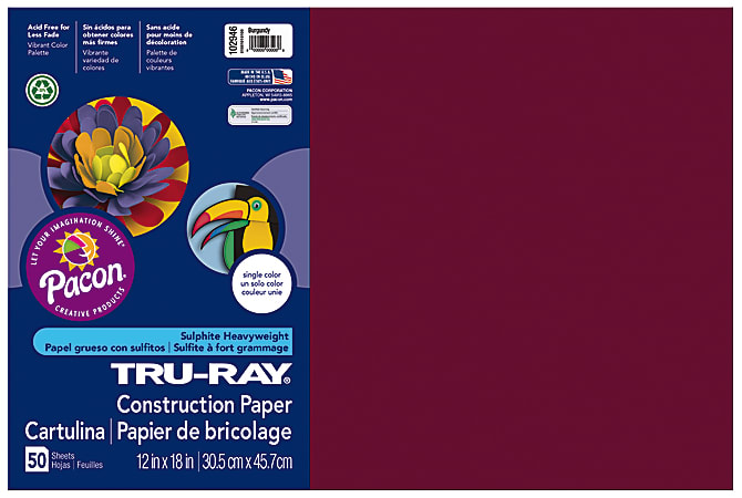 Tru-Ray® Construction Paper, 50% Recycled, 12" x 18", Burgundy, Pack Of 50