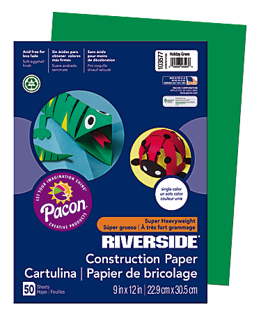 Riverside® Groundwood Construction Paper, 100% Recycled, 9" x 12", Holiday Green, Pack Of 50