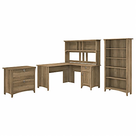 Bush® Furniture Salinas 60"W L Shaped Desk with Hutch, Lateral File Cabinet and 5 Shelf Bookcase, Reclaimed Pine, Standard Delivery