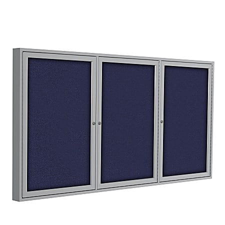Ghent Traditional 3-Door Enclosed Fabric Bulletin Board, 48" x 96", Blue, Satin Aluminum Frame