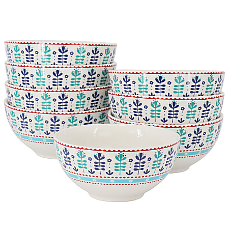 Gibson Home Village Vines Floral 8-Piece Fine Ceramic Bowl Set, 6”, White/Multicolor Blue