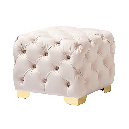 Baxton Studio Glam And Luxe Velvet Button-Tufted Square Ottoman, 17-3/4"H x 20-15/16"W x 20-15/16"D, Light Beige/Gold