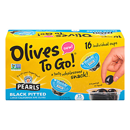 Pearls Large Black Pitted Olives To-Go Cups, 1.2 Oz, Pack Of 16 Cups