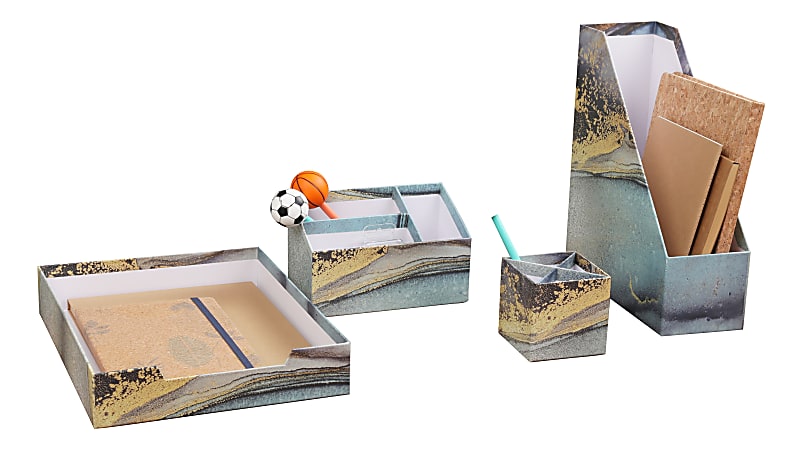 Realspace&reg; 4-Piece Desk Accessory Set, Blue/Gold Marble