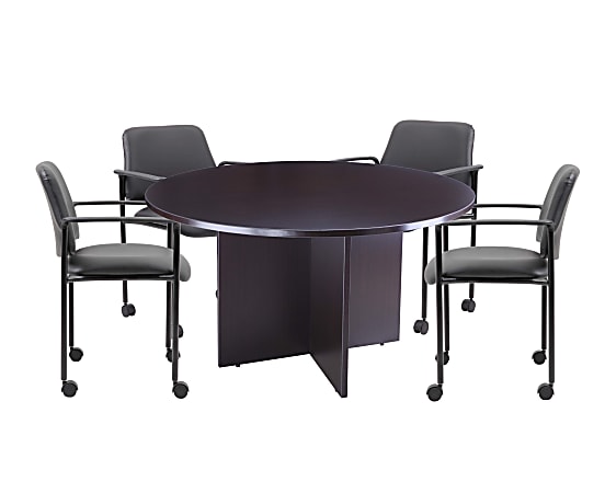 Boss Office Products Round Table And 4 Stackable Guest Chairs Set Mocha Black