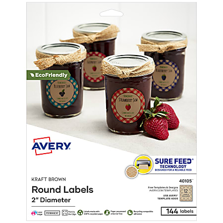 Avery® Print-To-The-Edge Easy Peel Round Labels® With Sure Feed® Technology, 40105, 2" Diameter, Kraft Brown, Pack Of 144