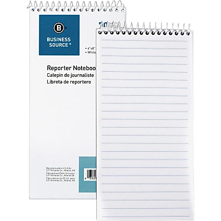 Business Source Coat Pocket Reporter's Notebook, 4" x 8", Gregg Ruled, 70 Sheets, White, Pack Of 12