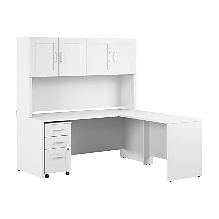 Bush Business Furniture Hampton Heights 72"W L-Shaped Office Desk With Hutch And 3-Drawer Mobile File Cabinet, White, Standard Delivery