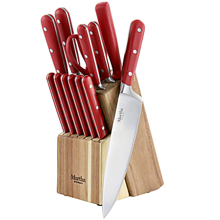 Martha Stewart 14-Piece Stainless Steel Cutlery Set With Acacia Wood Storage Block, Red