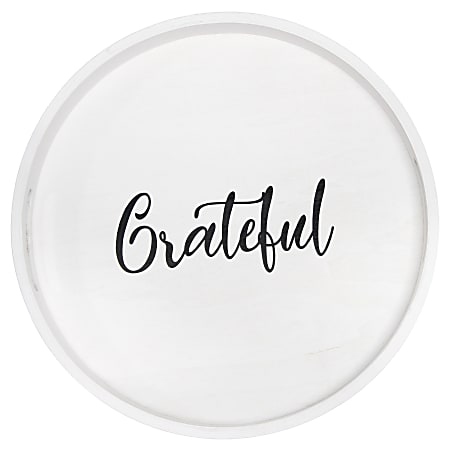 Elegant Designs Decorative Round Serving Tray, 1-11/16”H x 13-3/4”W x 13-3/4”D, White Wash Grateful