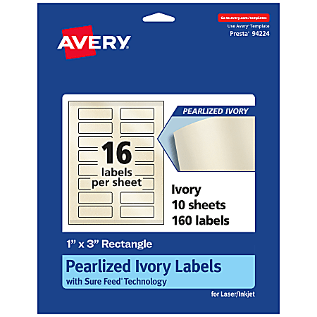 Avery® Pearlized Permanent Labels With Sure Feed®, 94224-PIP10, Rectangle, 1" x 3", Ivory, Pack Of 160 Labels