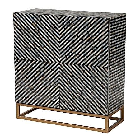 Baxton Studio Belenus 28"W Modern Bohemian Mother of Pearl Storage Cabinet, Striped Black/Gray/Gold