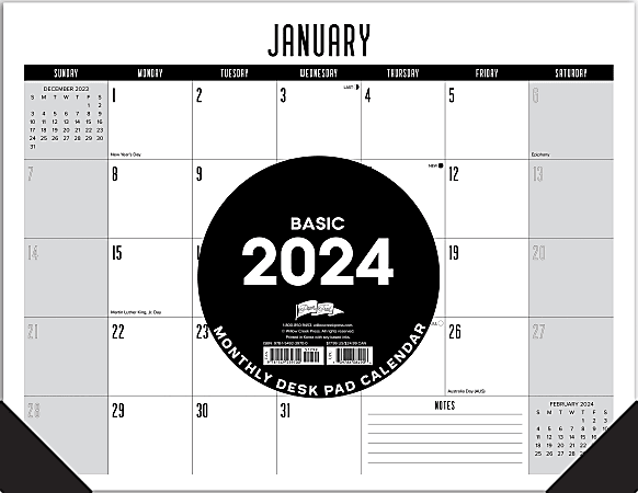 2024 Willow Creek Press Desk Pad Calendar, 22" x 17", Basic Black/White, January To December