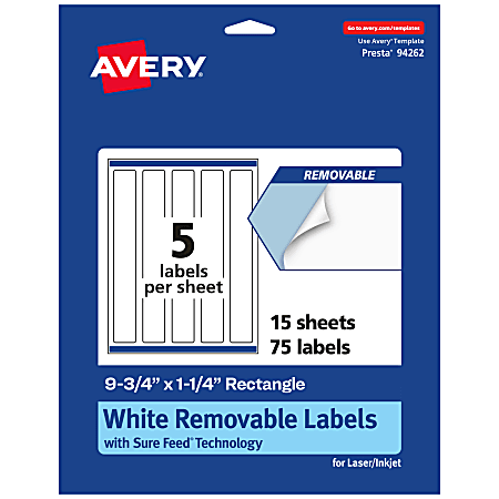 Avery® Removable Labels With Sure Feed®, 94262-RMP15, Rectangle, 9-3/4" x 1-1/4", White, Pack Of 75 Labels