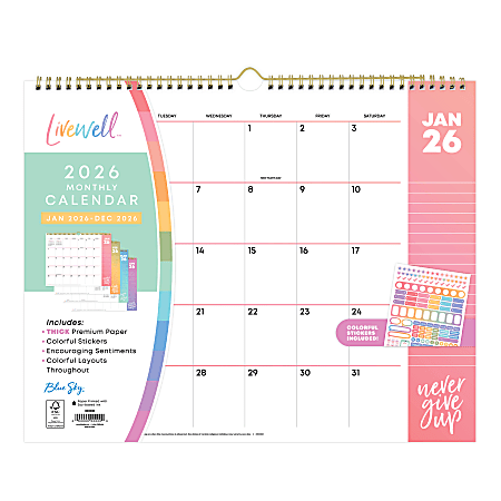 2026 Blue Sky LiveWell™ Monthly Wall Calendar, 15” x 12”, Colors, January To December, 153904
