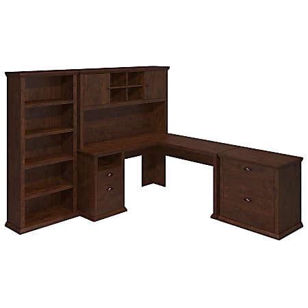 Bush Business Furniture Yorktown 60"W L-Shaped Corner Desk With Hutch, Lateral File Cabinet And 5-Shelf Bookcase, Antique Cherry, Standard Delivery