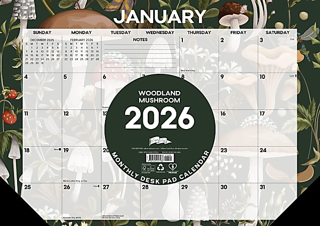 2026 Willow Creek Press Monthly Desk Pad Calendar, 12" x 17", Woodland Mushroom, January To December, 57186