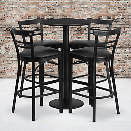 Flash Furniture Round Laminate Table Set With Round Base And Four 2-Slat Ladder-Back Metal Barstools, 42"H x 24"W x 24"D, Black
