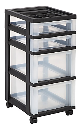 Office Depot® Brand Plastic 4-Drawer Storage Cart, 26 7/16" x 12 1/16" x 14 1/4", Black
