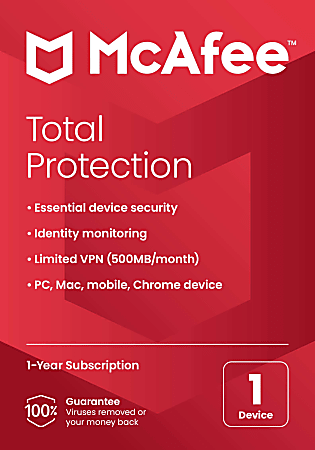 McAfee® Total Protection Antivirus & Internet Security Software, For One Device, 1-Year Subscription, Windows®/Mac®/Android/iOS/ChromeOS, Product Key