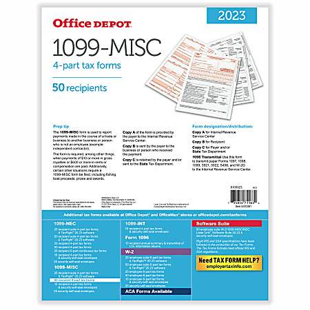 Office Depot Brand 1099 MISC Laser Tax Forms 4 Part 2 Up 8 12 x 11 Pack