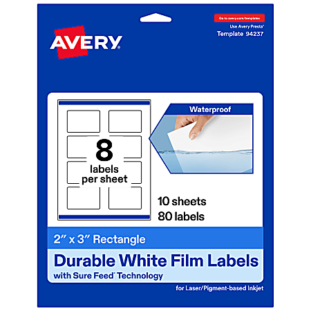 Avery® Waterproof Permanent Labels With Sure Feed®, 94237-WMF10, Rectangle, 2" x 3", White, Pack Of 80